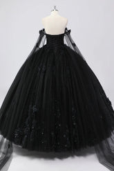 Ball Gown Off the Shoulder Black Tulle Quinceanera Dress with 3D Flowers Mychicdress